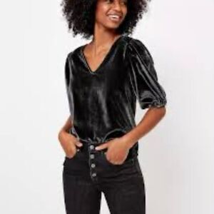LOFT V-Neck Puff Sleeve Velvet Top Charcoal Gray S